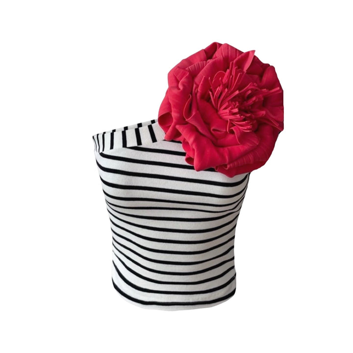 Striped One Shoulder Top With Red Flower Pin