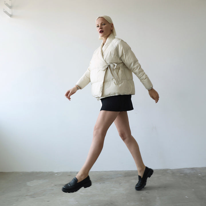 Beige Quilted Wrap Down Jacket