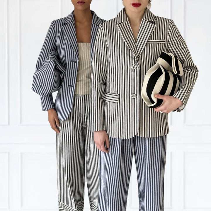 Black White Striped Blazer Trousers Corset And Tote Bag Four Piece Set