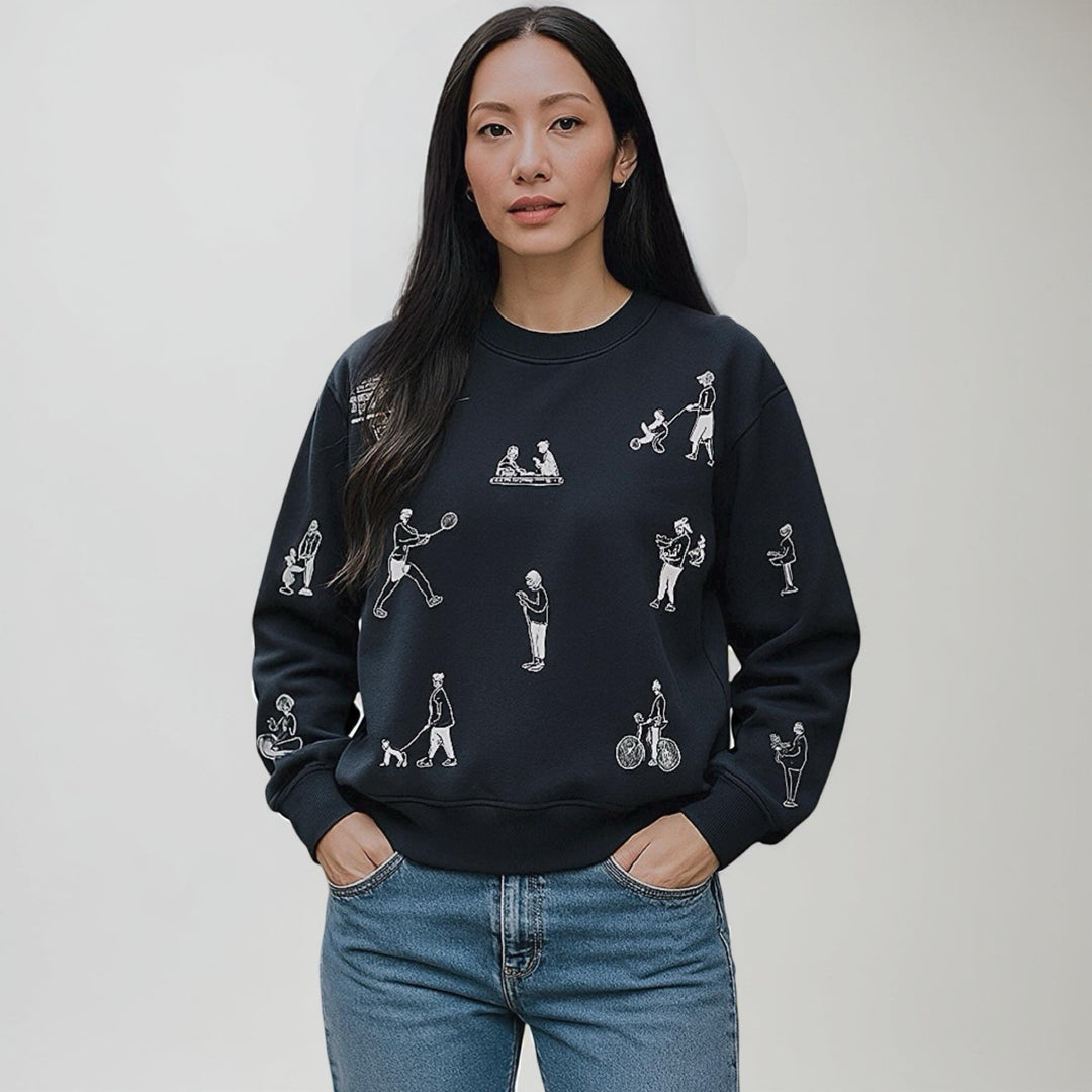 Navy Heavyweight Jumper With People Embroidery