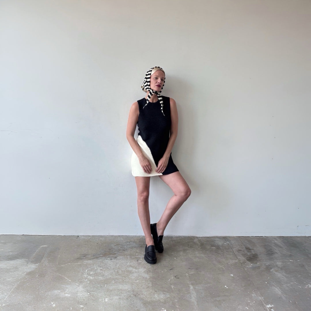 Black and Beige Waffle Knit Short Dress