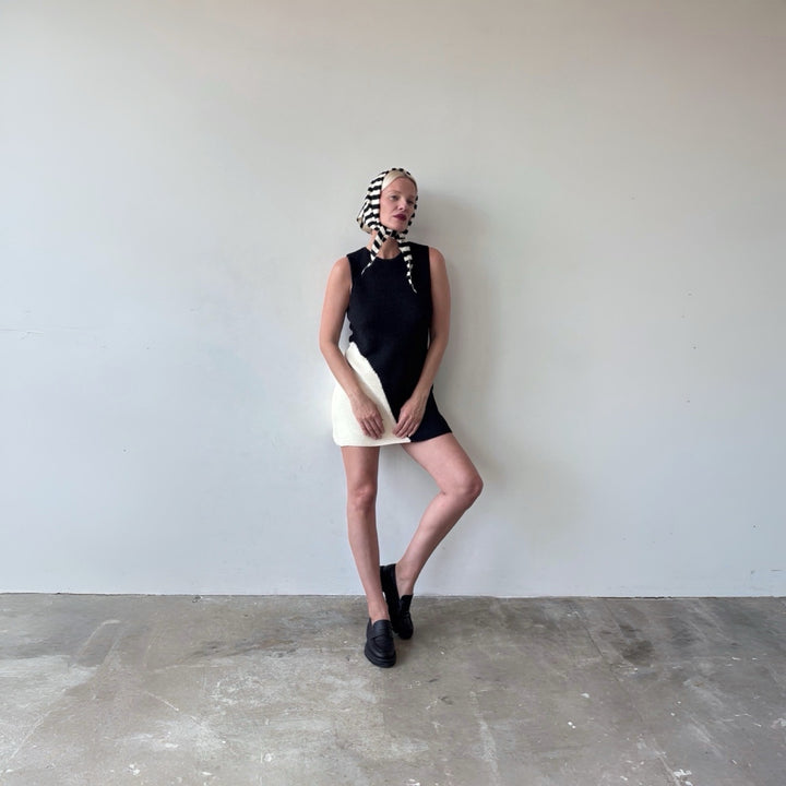 Black and Beige Waffle Knit Short Dress