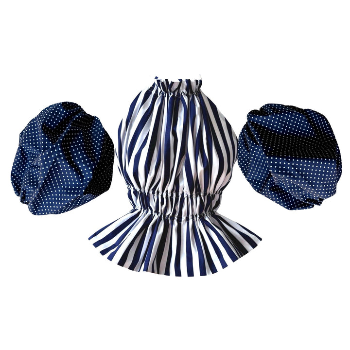Navy White Striped Halter Top With Balloon Sleeves