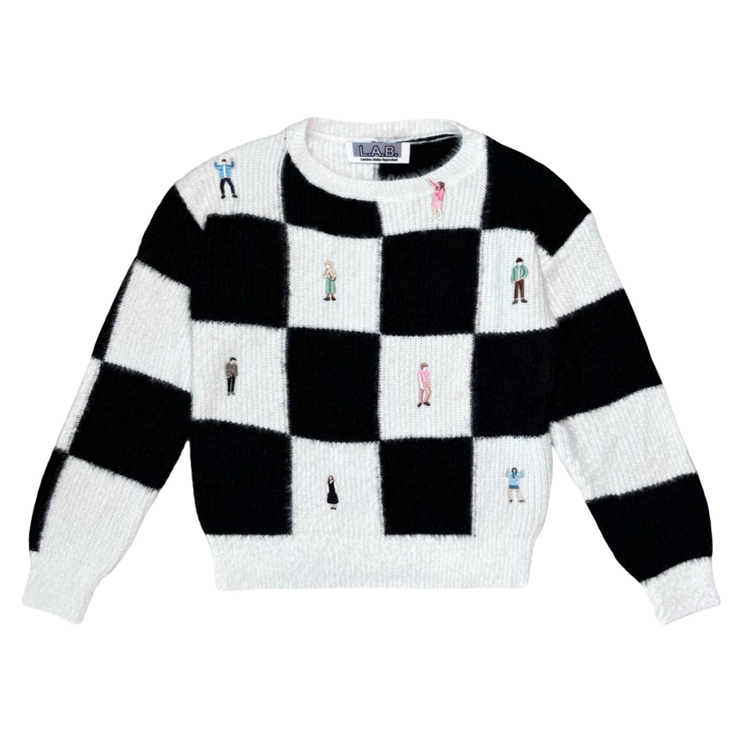 Checkered Knit Cardigan With Embroidery Patches