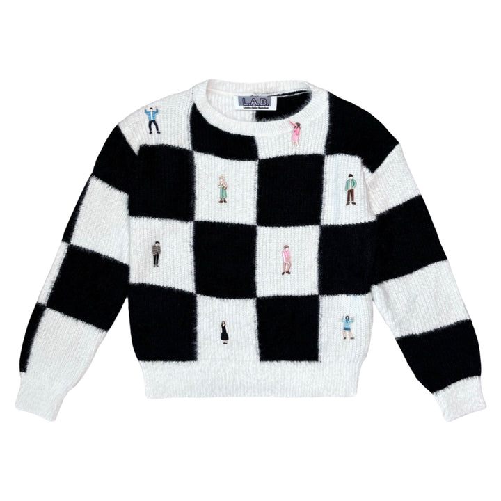 Checkered Knit Cardigan With Embroidery Patches