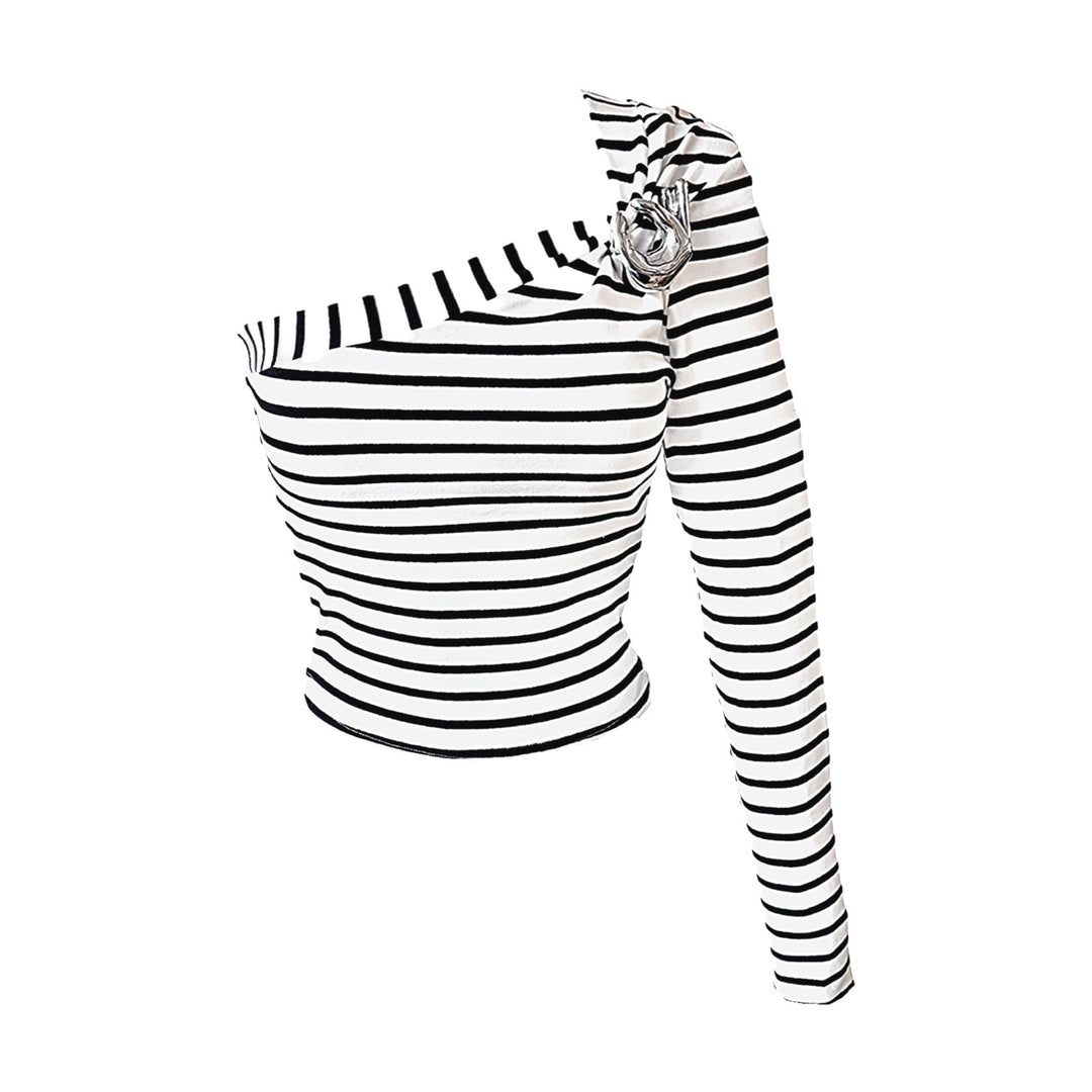 Striped One Sleeve Top With Metal Brooch