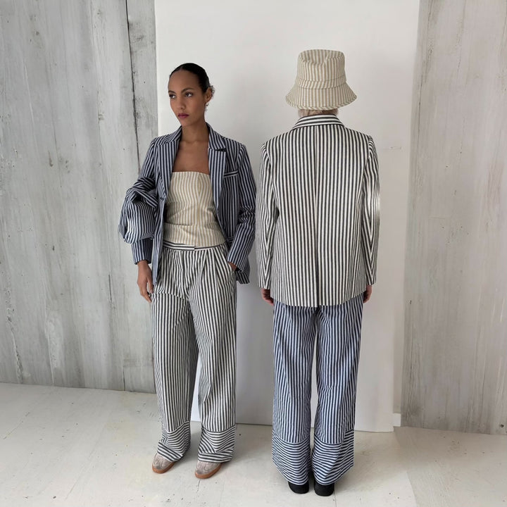 Black White Striped Wide Leg Trousers