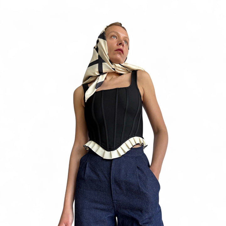 Black Rib Knit Corset Top With Ruffle