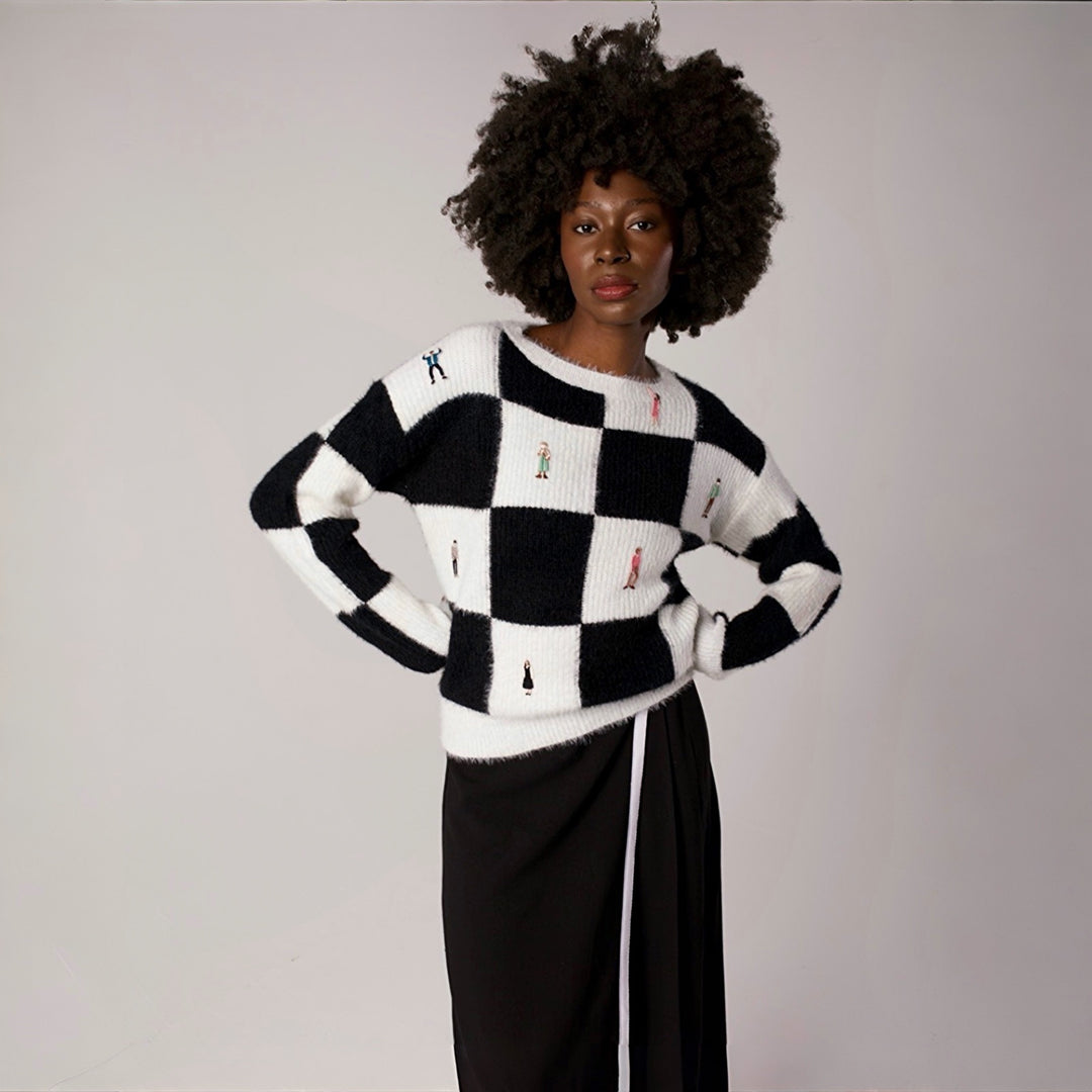 Checkered Knit Cardigan With Embroidery Patches