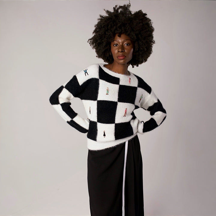 Checkered Knit Cardigan With Embroidery Patches