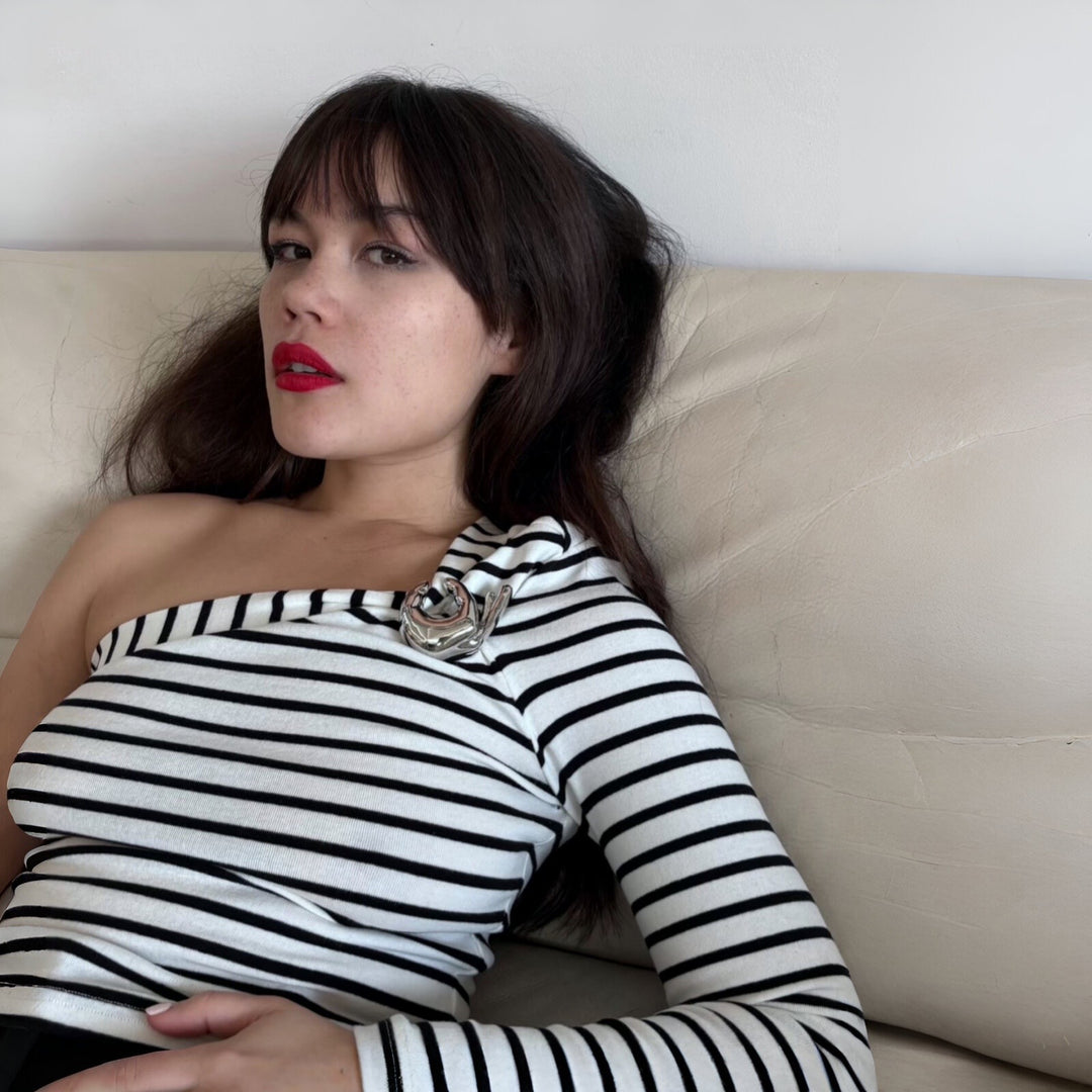 Striped One Sleeve Top With Metal Brooch