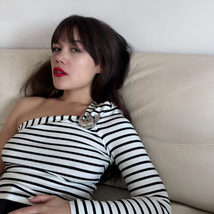 Striped One Sleeve Top With Metal Brooch