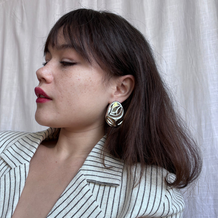 Silver Big Geometric Oval Earrings