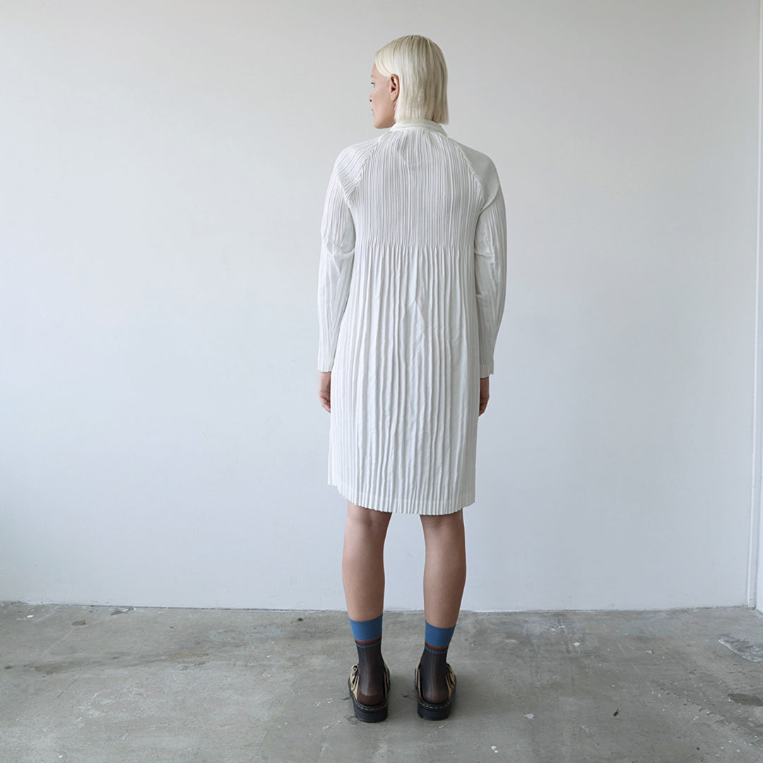 White Accordion Pleated Shirt Dress