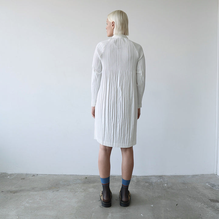 White Accordion Pleated Shirt Dress