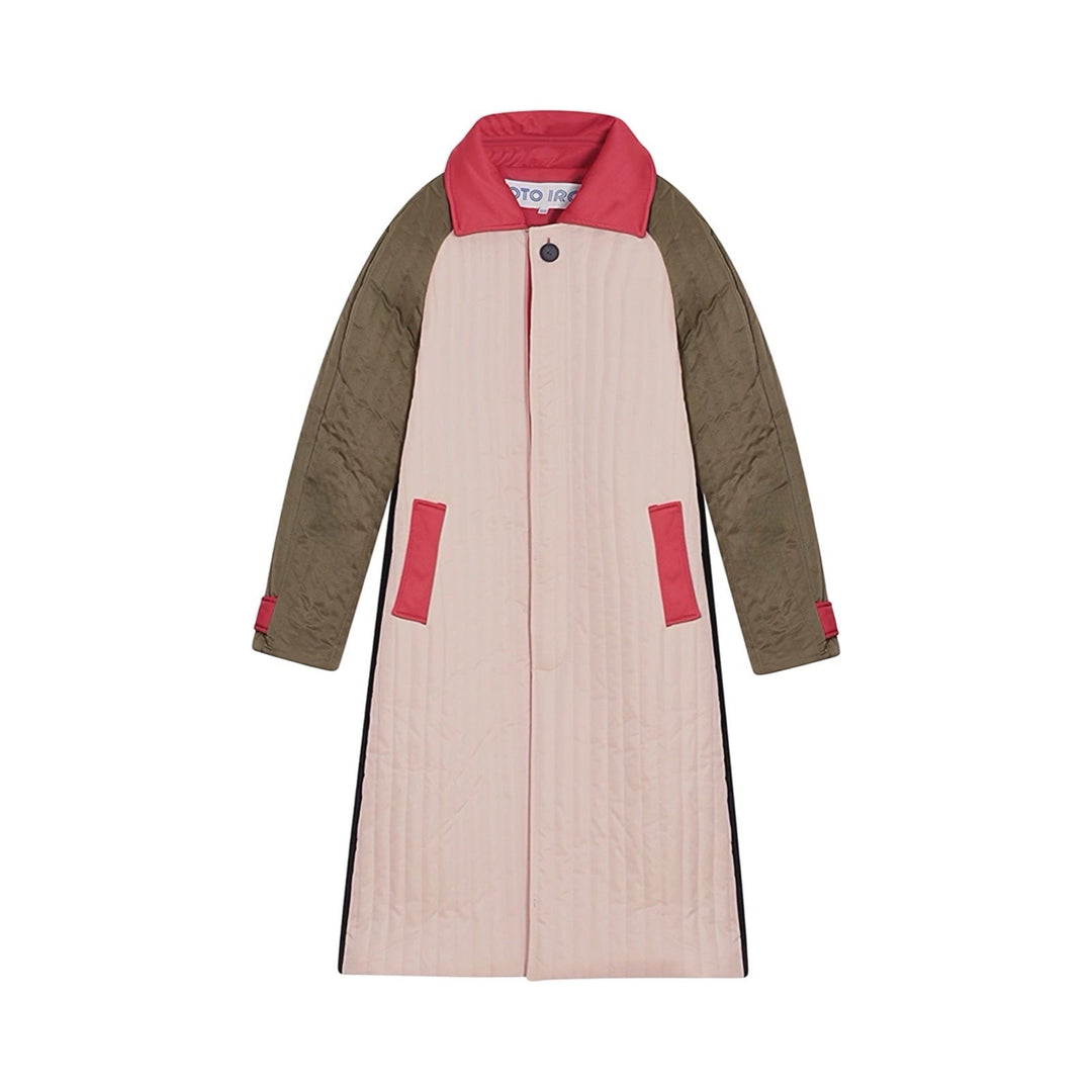 Beige Khaki Patchwork Color Block Quilt Long Jacket