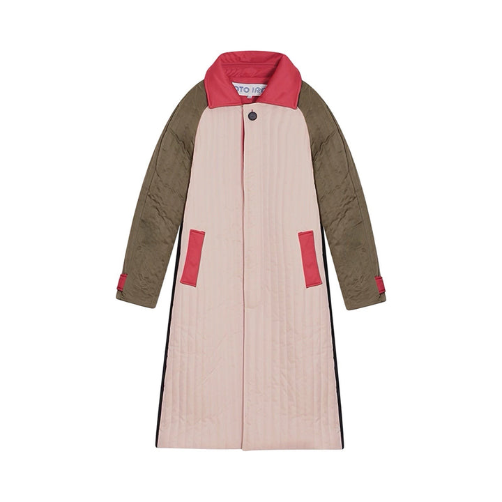 Beige Khaki Patchwork Color Block Quilt Long Jacket