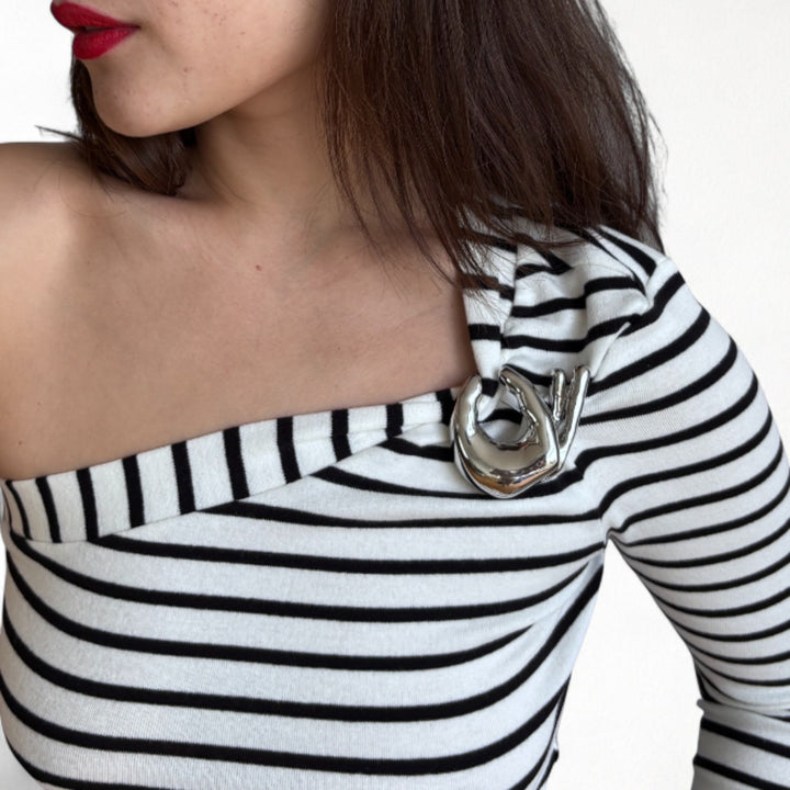 Striped One Sleeve Top With Metal Brooch