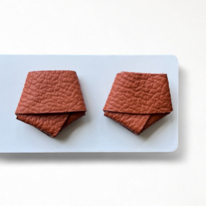 Origami Grainy Rust Brown Leather Stud Earrings