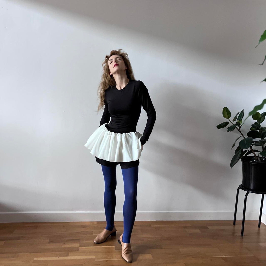 Black Top With White Balloon Ruffle Peplum