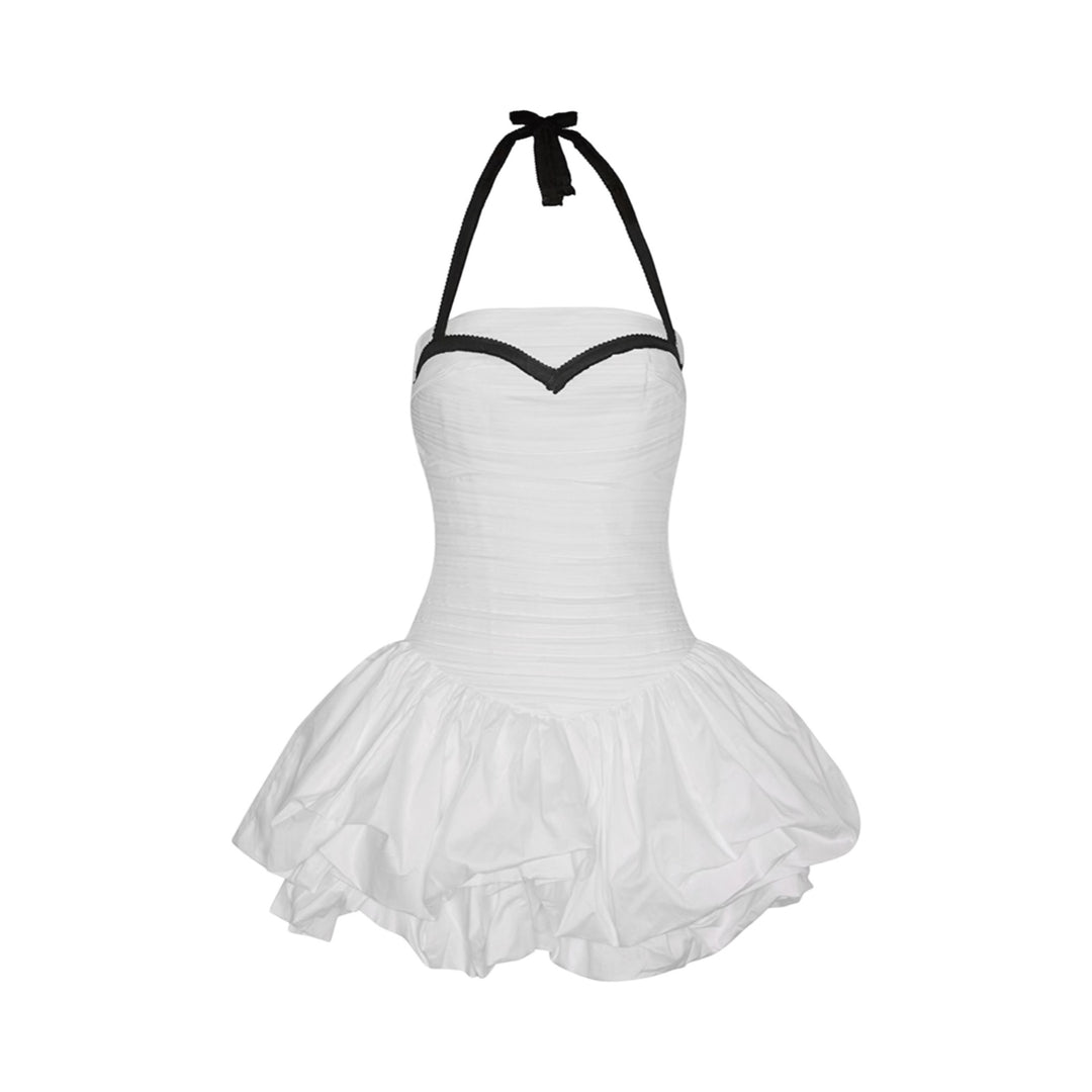 White Ruched Mini Dress With Corset Top And Black Application