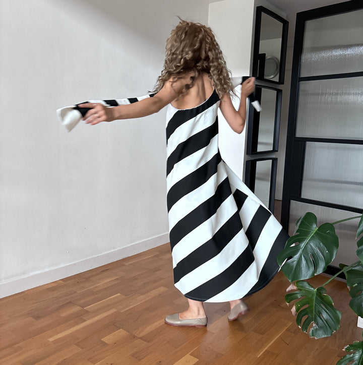 Striped One Shoulder A Line Dress With Matching Long Tie