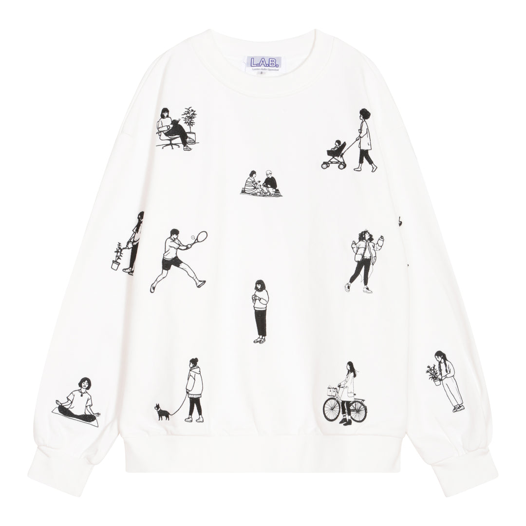 White Heavyweight Jumper With People Embroidery