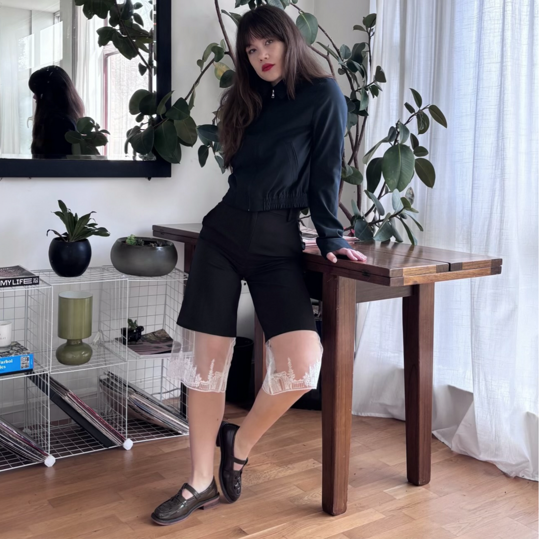 Black Wide Leg Capri Trousers With Embroidery Lace
