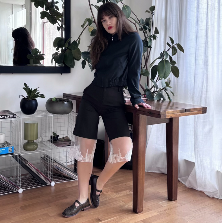 Black Wide Leg Capri Trousers With Embroidery Lace