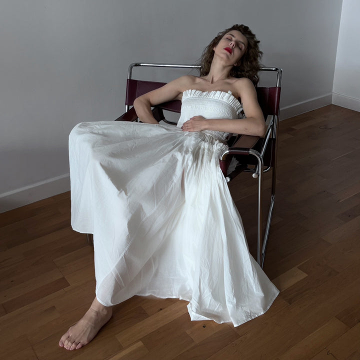 White Cotton Strapless Smocked Maxi Dress