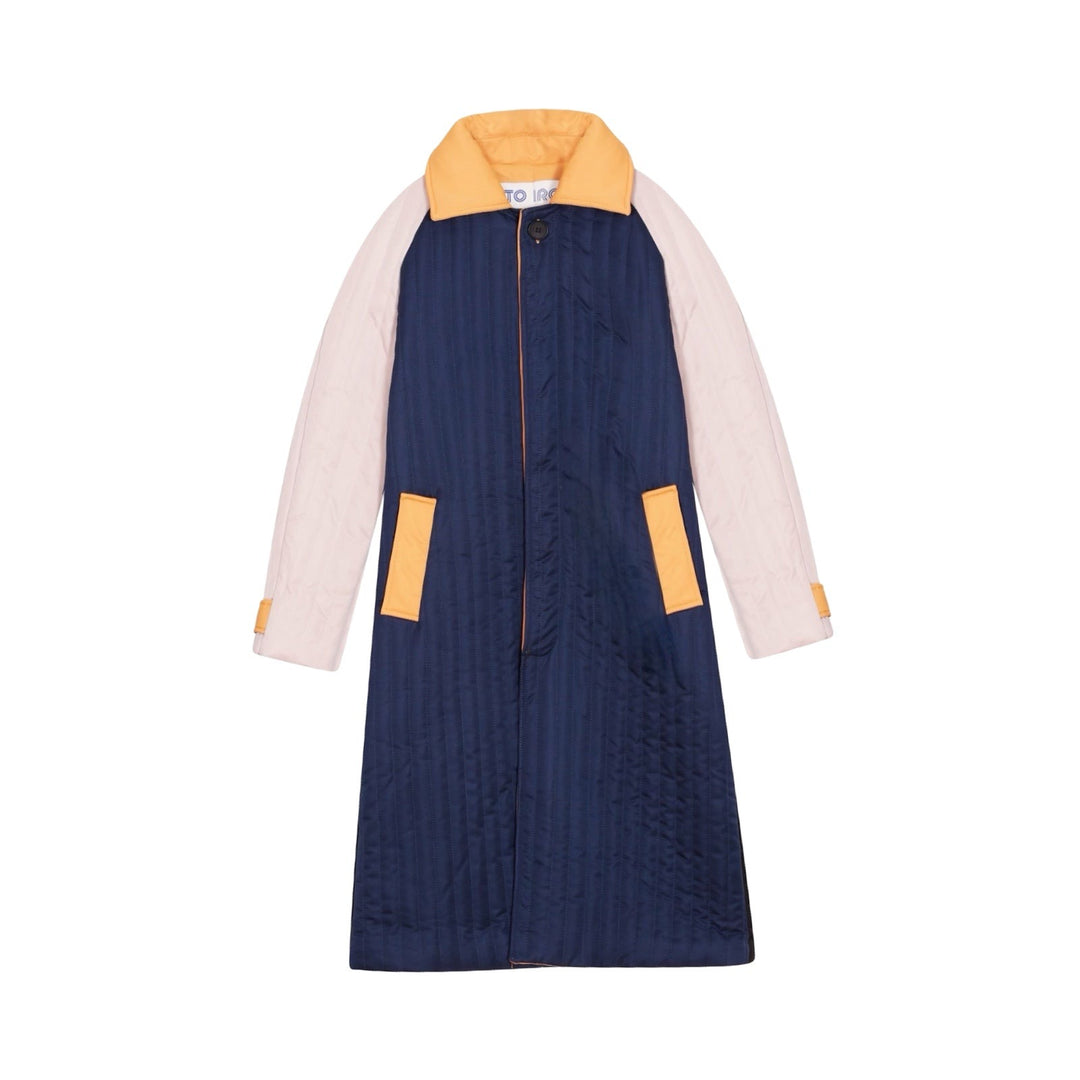 Navy Orange Patchwork Colour Block Quilt Long Jacket