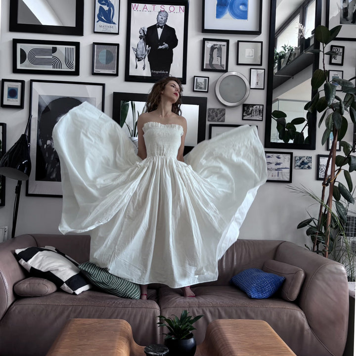 White Cotton Strapless Smocked Maxi Dress