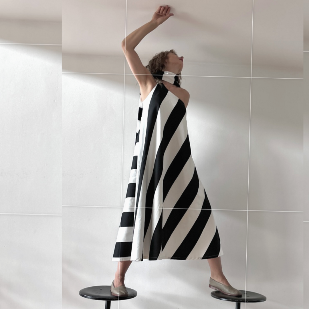 Striped One Shoulder A Line Dress With Matching Long Tie