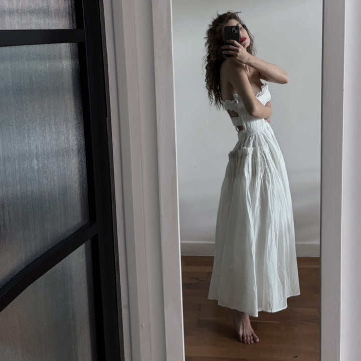 White Cotton Strapless Smocked Maxi Dress