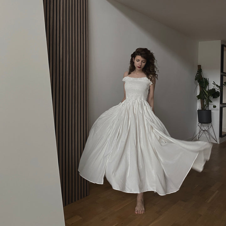 White Cotton Strapless Smocked Maxi Dress