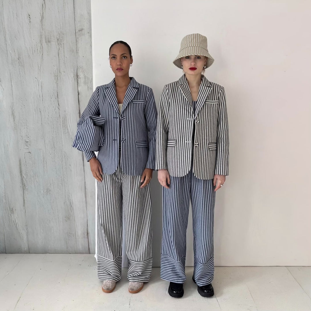 Blue White Striped Wide Leg Trousers