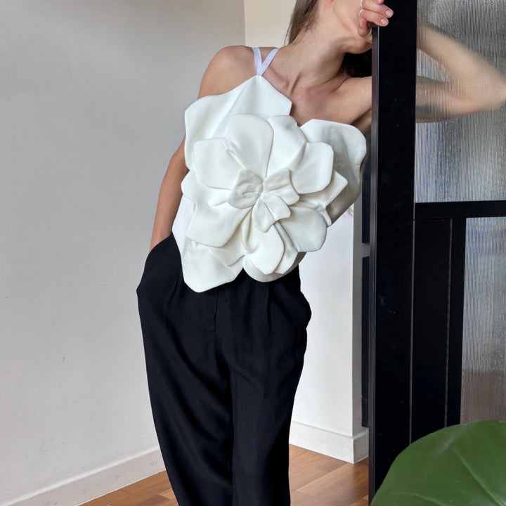 White Flower Top With Asymmetric Strap And Criss Cross Back