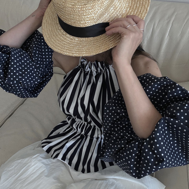 Navy White Striped Halter Top With Balloon Sleeves