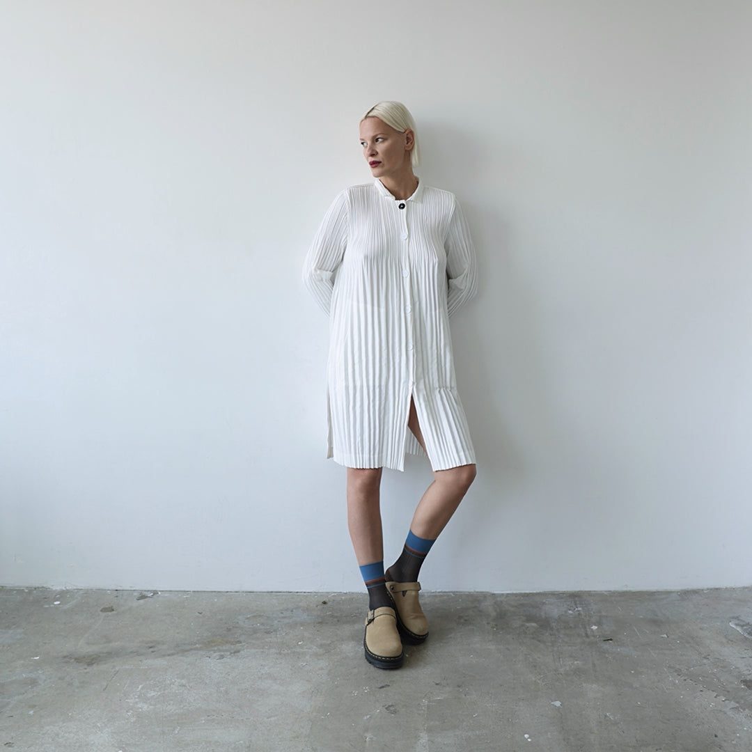 White Accordion Pleated Shirt Dress