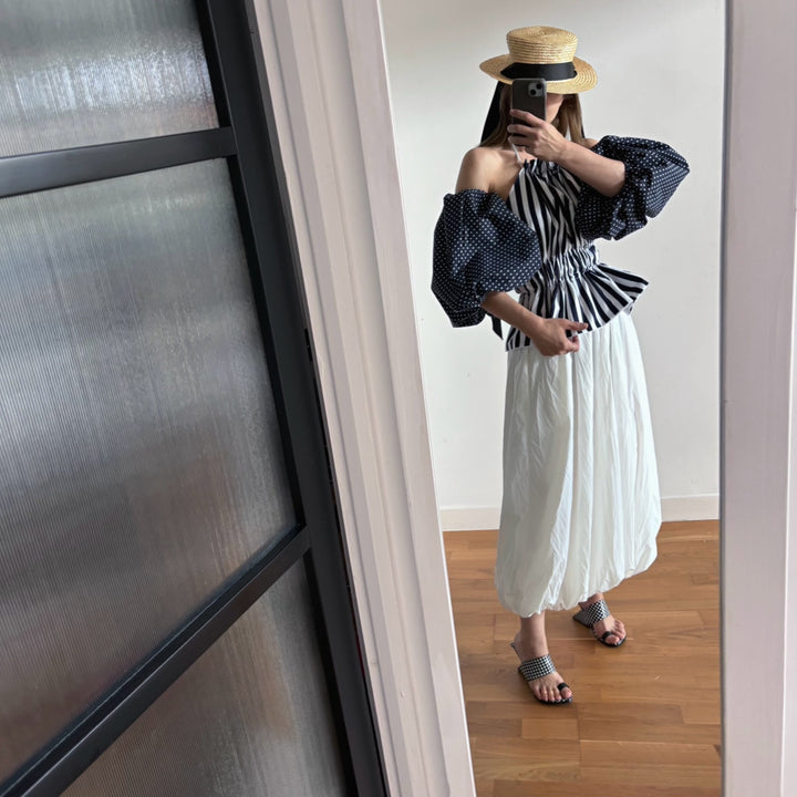 Navy White Striped Halter Top With Balloon Sleeves