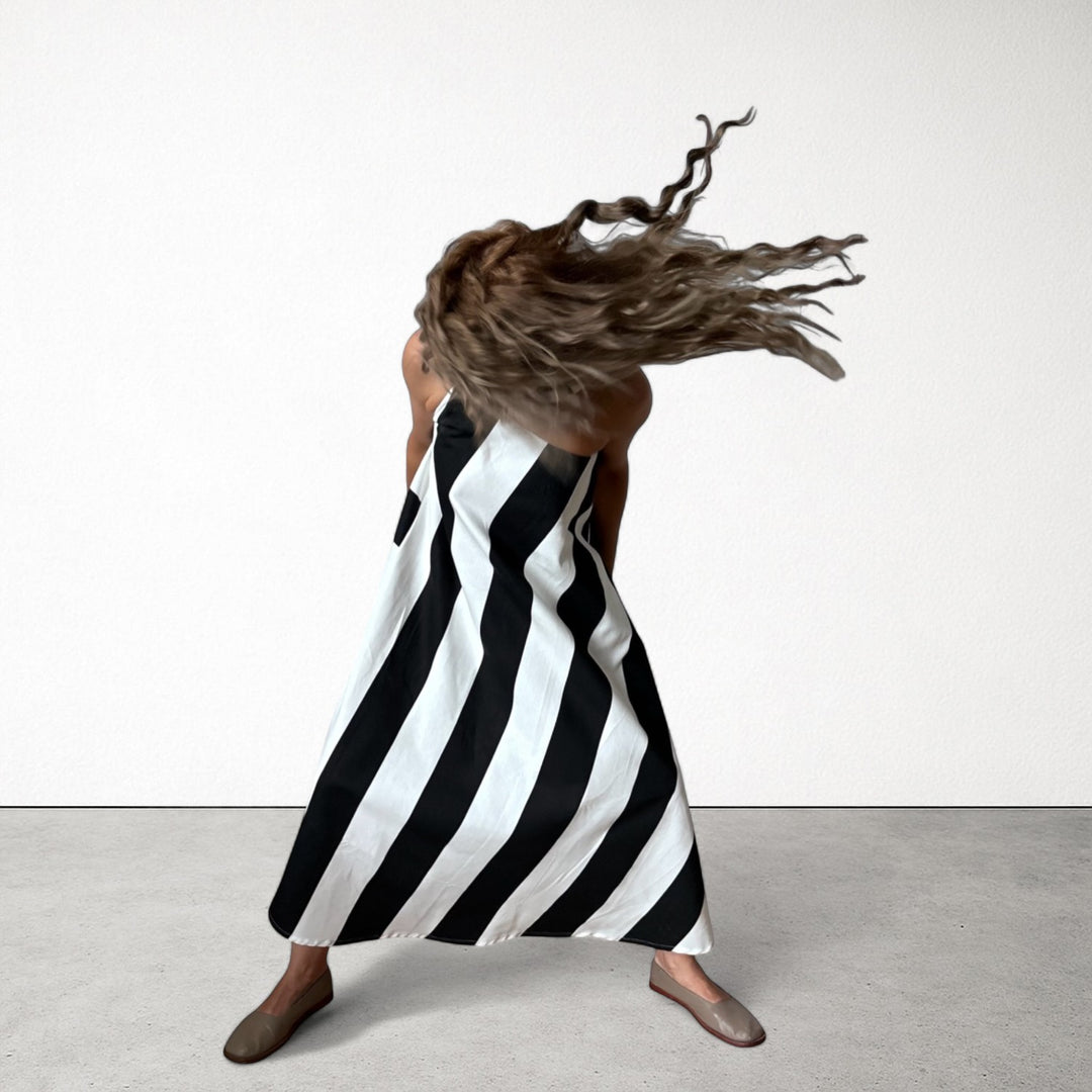 Striped One Shoulder A Line Dress With Matching Long Tie