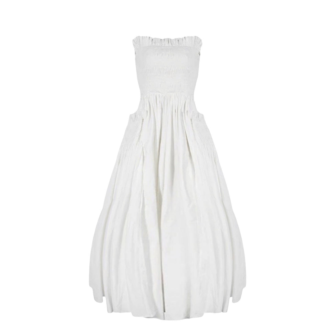 White Cotton Strapless Smocked Maxi Dress