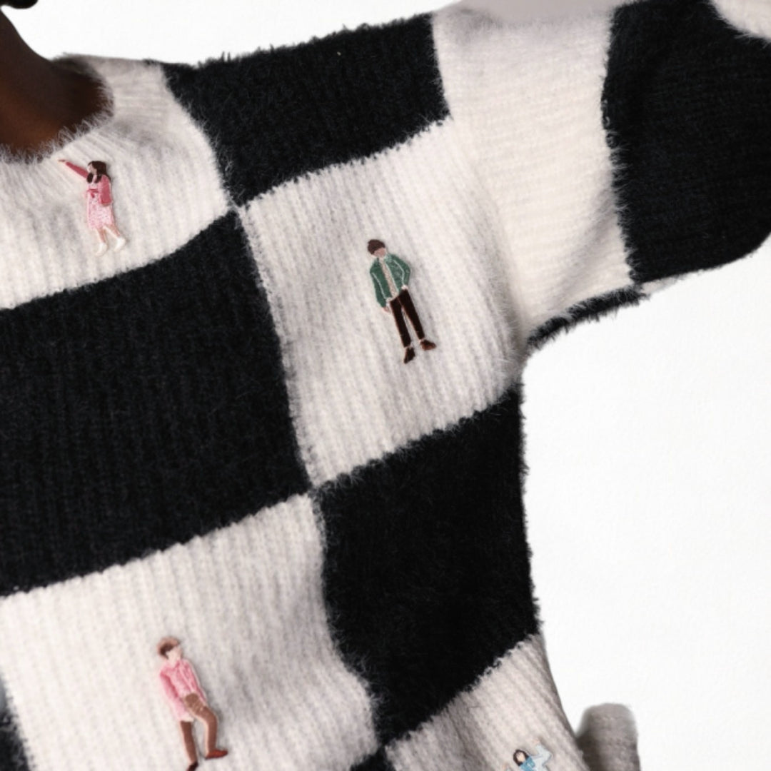 Checkered Knit Cardigan With Embroidery Patches