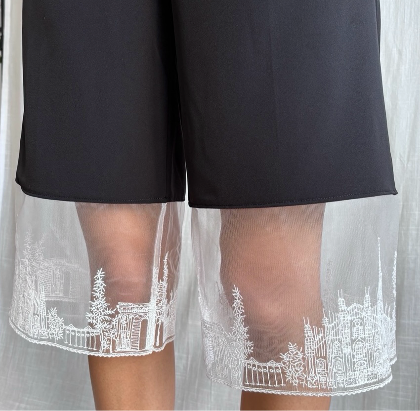 Black Wide Leg Capri Trousers With Embroidery Lace