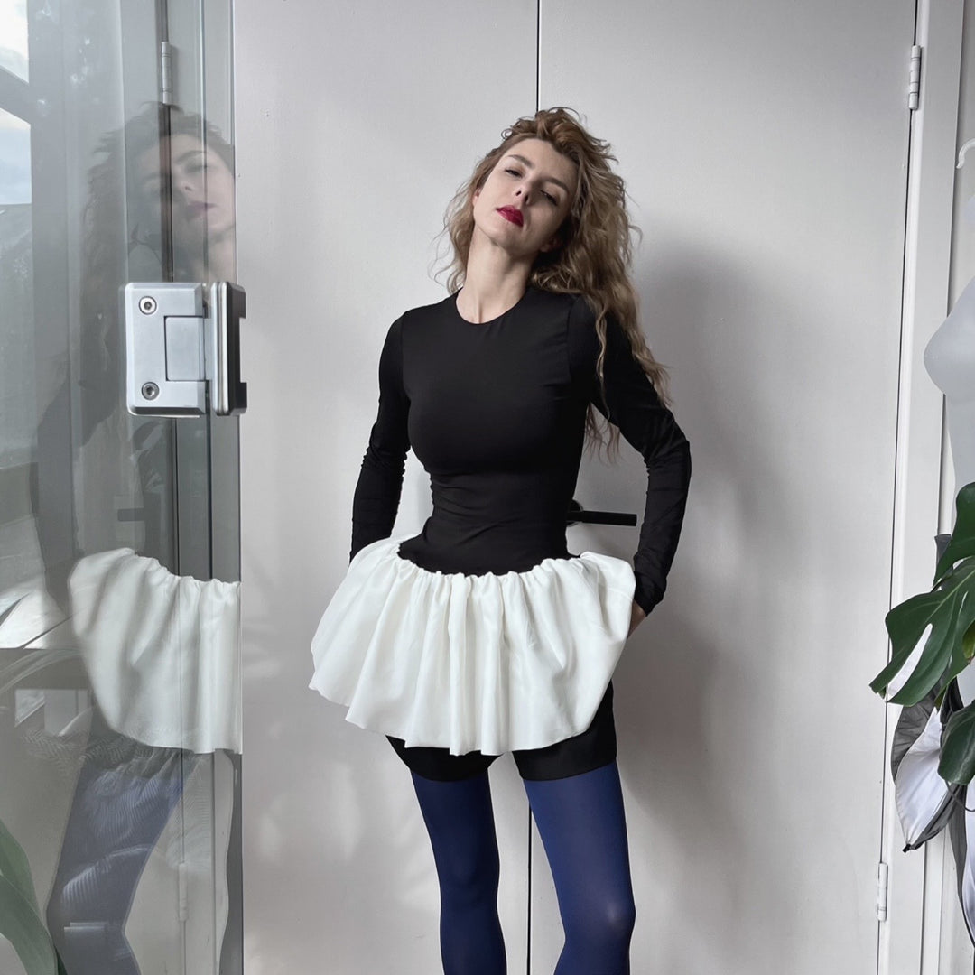 Black Top With White Balloon Ruffle Peplum
