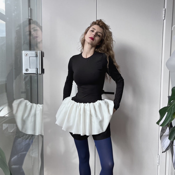 Black Top With White Balloon Ruffle Peplum