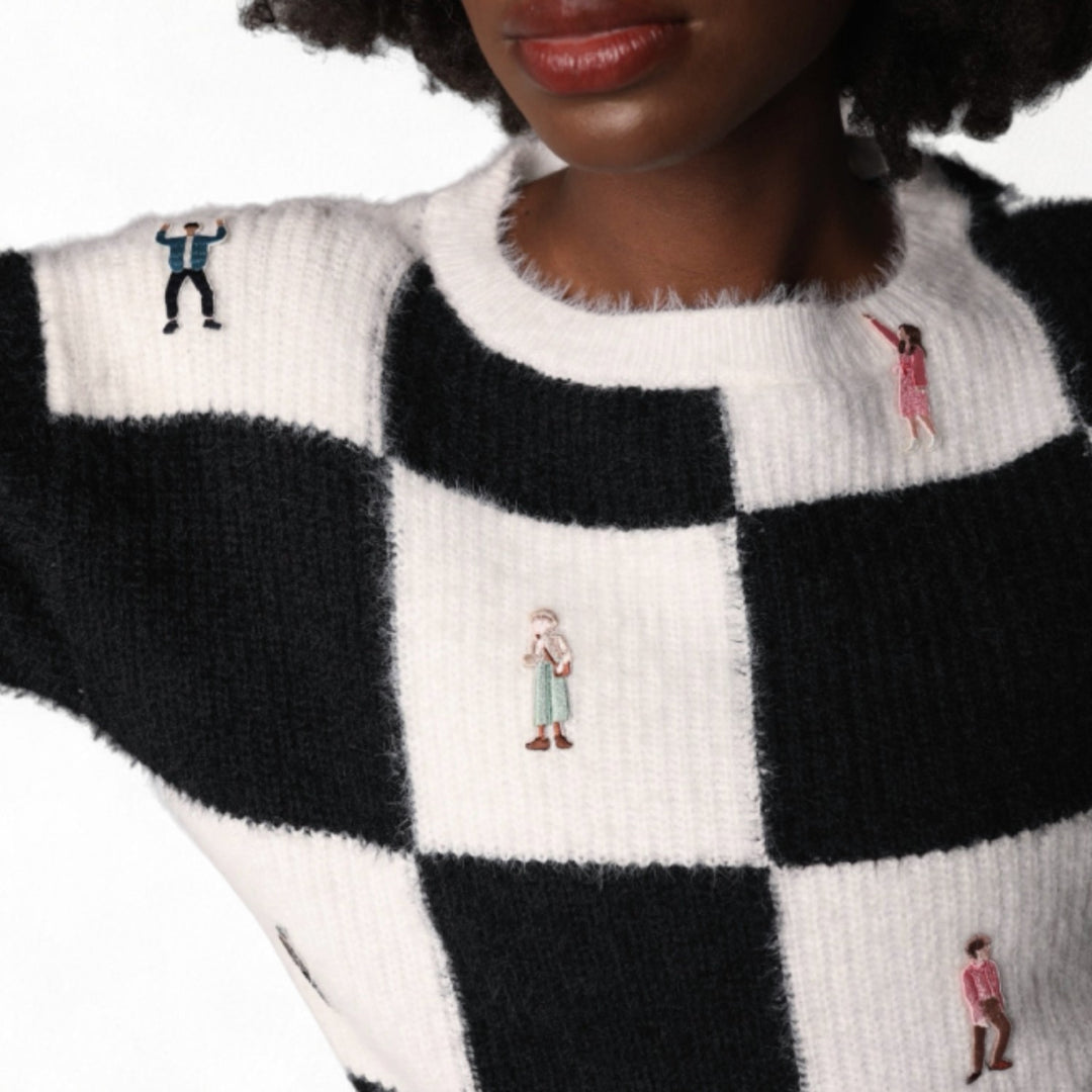 Checkered Knit Cardigan With Embroidery Patches
