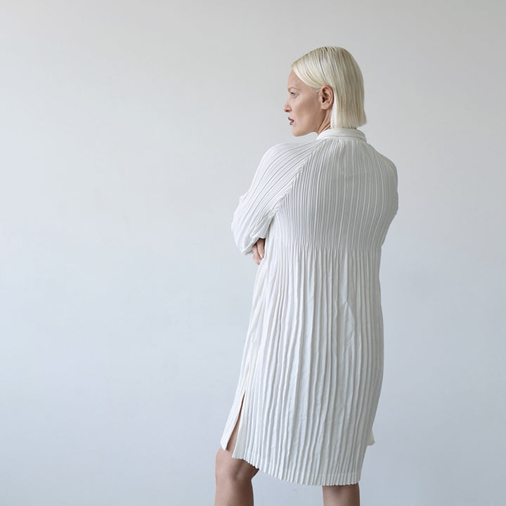White Accordion Pleated Shirt Dress