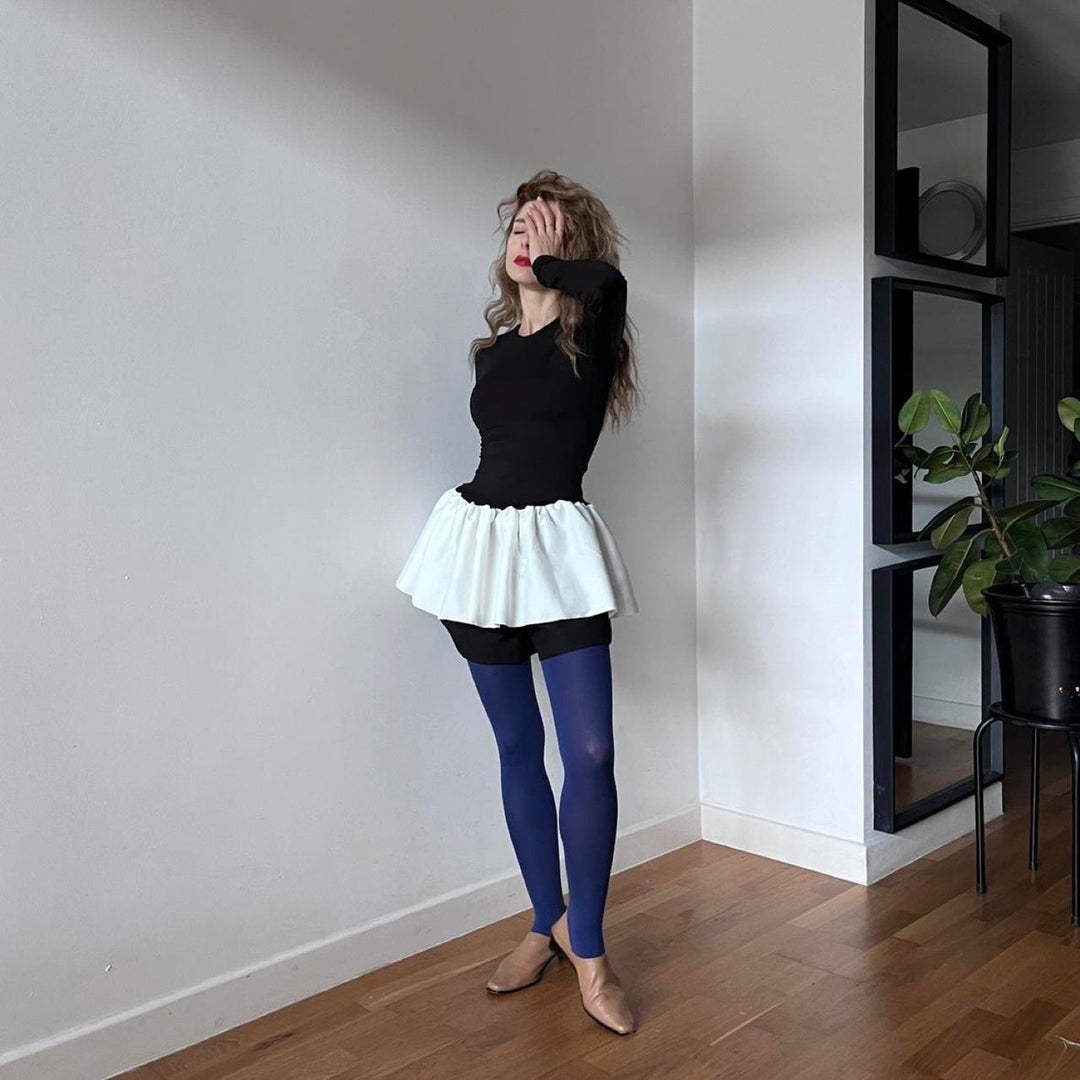 Black Top With White Balloon Ruffle Peplum