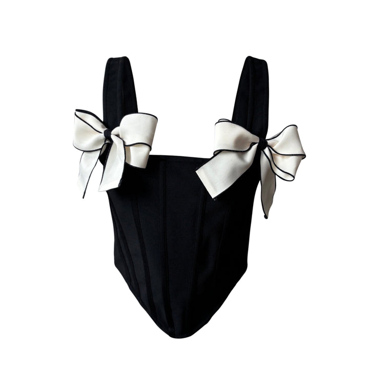 Black Rib Knit Corset Top With Bows